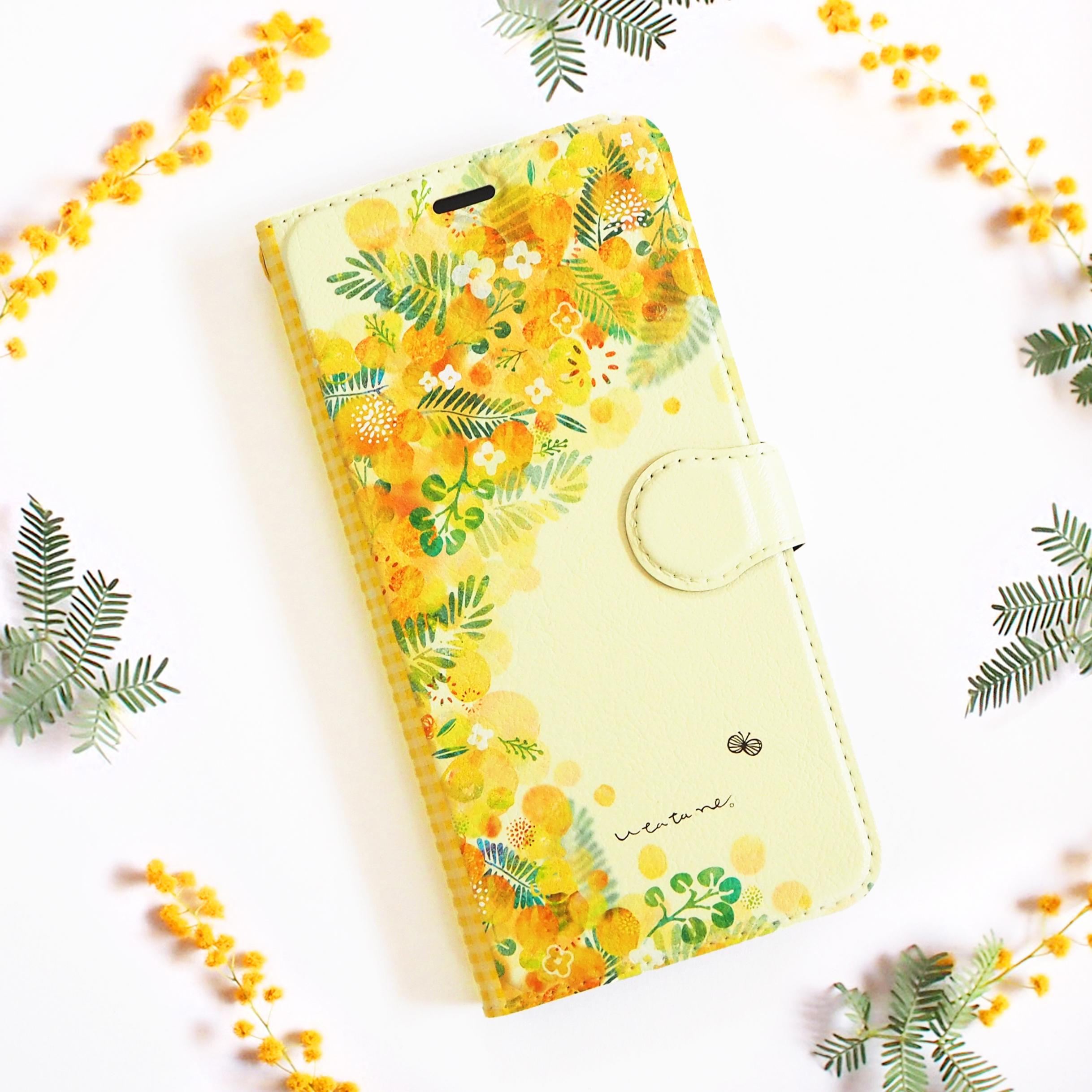 【名入れも可能】陽だまりミモザの手帳型スマホケース（カード入れ・スタンド）iPhone Android 全機種対応1枚目の画像